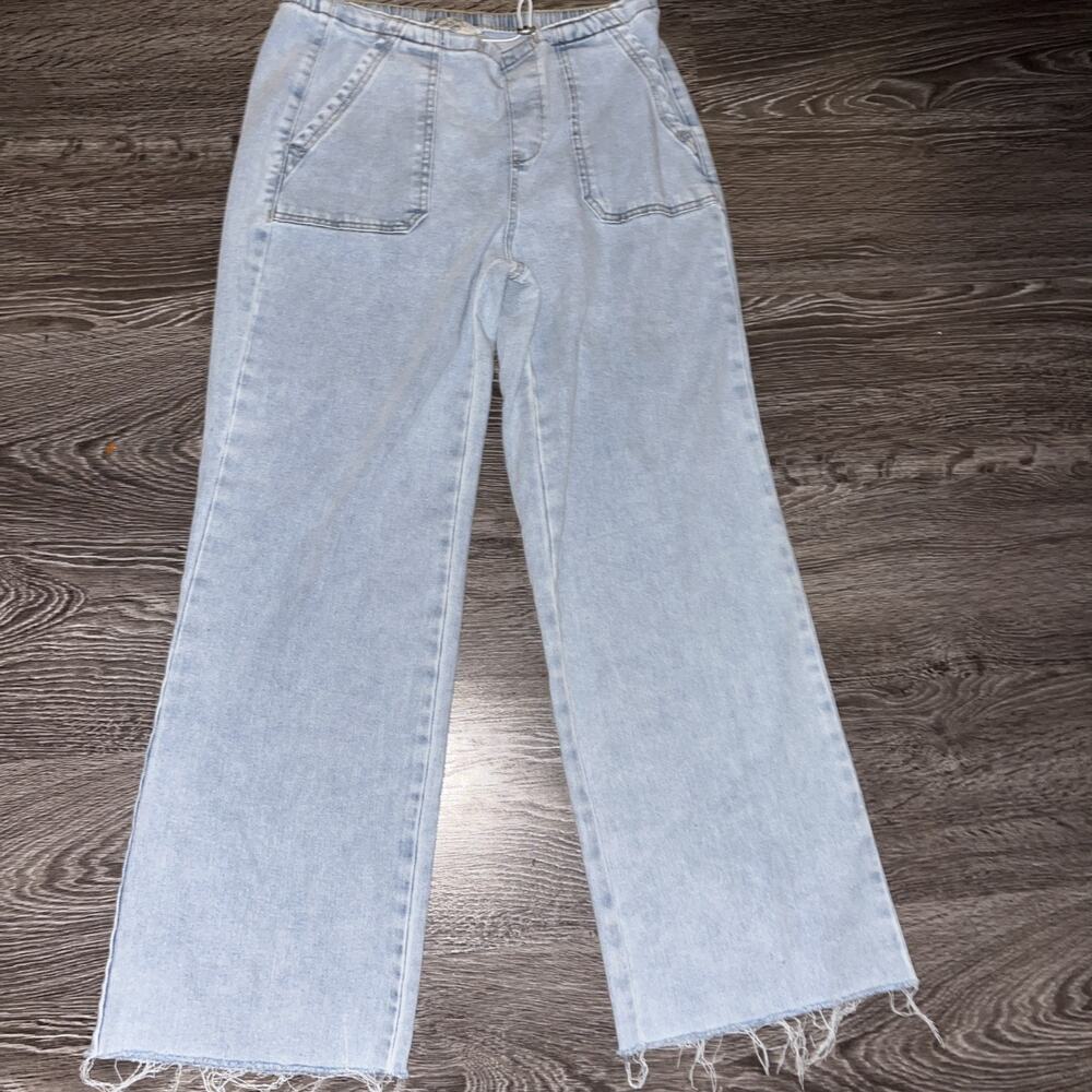 Vanilla Star Womens Light Wash Elastic Waist Wide Leg Denim Pants Medium (181)
